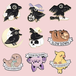 Cartoon Animal Enamel Pin Alloy Crow Sloth Bat Cockatiel Seal Funny Slogan Gothic Brooch For Backpack Clothes Decor