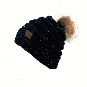 Bonnet En Tricot Confetti Avec Pompon En Fausse Fourrure Et Patch En Cuir Bonnet D'hiver Chaud Décontracté Pour Femmes Hommes