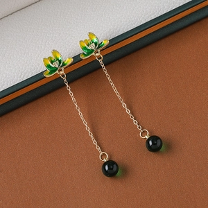 Vintage jade lotus heart earrings with green enamel and gold finish for Hanfu attire