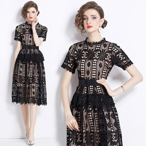 Women Elegant Hollow Out Lace Midi Dress Short Sleeves Floral Embroidery A-Line Slim Fit With Belt Vintage Party Style