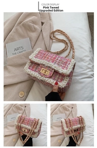 Detail of pink tweed crossbody bag with white pearl trim and gold metal chain strap
