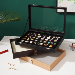 Badge Display Case Brooch Storage Box Wooden Glass Lid Dustproof Medals Collection Jewelry Organizer Pin Showcase