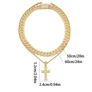 Luxury iced out gold cross pendant necklace with sparkling Cuban chain and rope chain set
