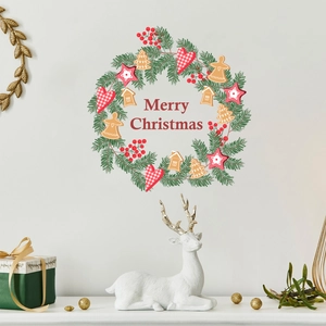 Detailed Christmas wreath wall sticker with Merry Christmas text on a clean white wall