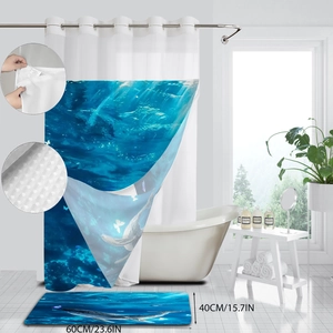 Blue ocean whale pattern shower curtain set with a non-slip bath mat for modern bathroom decor