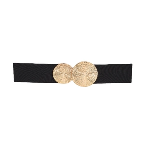 Women's wide elastic waist belt with vintage gold textured double circle buckle for dresses