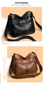 Close-up of woven texture handbags in black and brown with multiple zipper compartments