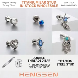 Light Blue Zircon Cartilage Earring Studs With Titanium Steel Screw Back Heart Moon Tassel Piercing Jewelry Women