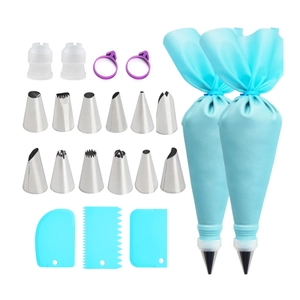 Detail view of 21-piece cake decorating set with stainless steel tips and blue piping bags