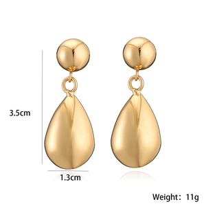 Detailed view of gold drop earrings with 3.5cm height and 1.3cm width measurements