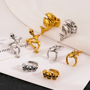 Gothic skull and skeleton bone ear cuffs and rings in gold and silver finish