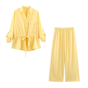 Women's yellow safari lounge set featuring lapel long sleeve shirt and trousers