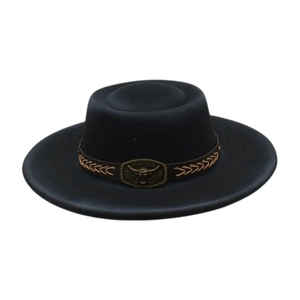 Chapeau Fedora noir à bord large avec boucle tête de taureau et ruban en cuir tressé