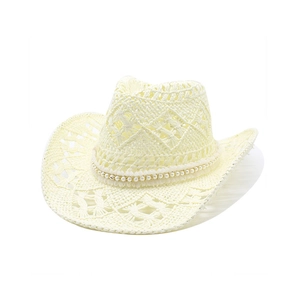Summer Western straw cowboy hat for women with pearl band and wide brim sun protection