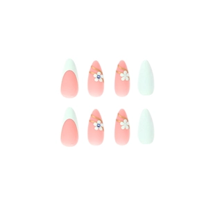 Almond press-on nails with green French tips, daisy flowers and blue rhinestone accents