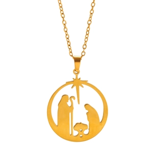 Close-up of 18K gold plated Nativity scene laser-cut pendant on cross chain