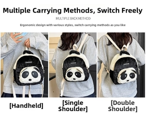 Detail view of cartoon panda plush backpack showing handheld and shoulder strap modes
