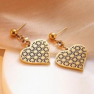 Golden titanium steel earrings featuring hollow heart pendants and crystal accents