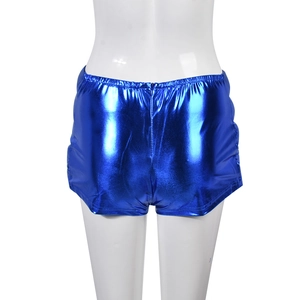 Detail showing shiny metallic blue high-waisted shorts with reflective fabric finish