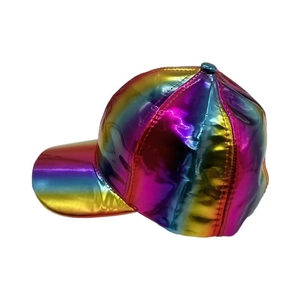 Metallic rainbow gradient baseball cap with a glossy finish shown from a side view