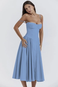Detail of blue spaghetti strap A-line midi dress with corset style bodice and flared skirt