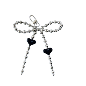 Silver bead chain bow keychain with black heart charms and lobster clasp for bags