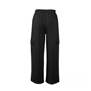 Detail of high waist elastic waistband and side flap cargo pockets on black wide-leg pants
