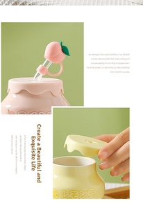 Detail of ceramic mugs with peach and lemon patterns and relief texture on 3D surface