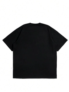 Flat lay back view of a minimalist black crew neck cotton T-shirt for men