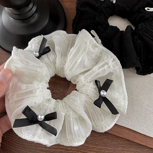 Lace scrunchies set with black bow and faux pearls for elegant hairstyles