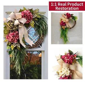 Artificial Wreath With Hydrangea Flowers Green Leaves And Burlap Bow On Natural Twig Base For Farmhouse Front Door Decor