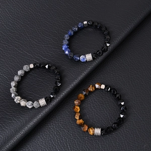 Bracelets extensibles en acier et pierres d'œil de tigre et obsidienne pour homme