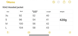 Size chart showing chest width and length for women's hooded jacket style 9542
