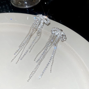 Macro view of silver bow earrings with sparkling rhinestone tassels on white plate