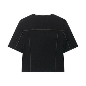 Back view of black short sleeve jacket with decorative white topstitching details