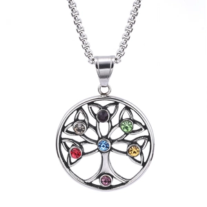 Silver Tree of Life pendant necklace with colorful rhinestones on stainless steel