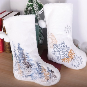 White Plush Christmas Stocking With Embroidered Snowflake Tree Pattern And Pompoms Festive Holiday Hanging Gift Bag
