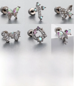 Detailed views of titanium steel screw back earrings with colorful zircon butterfly and cross