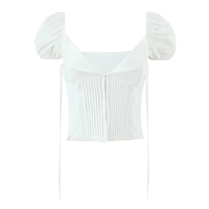 Top court blanc pour femme à manches bouffantes avec détails froncés et dentelle fine