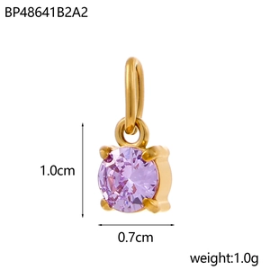 Macro shot of 1.0cm purple gemstone pendant with golden base and dimensional specs