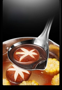 Close-up of 304 stainless steel oil separator spoon filtering fat from soup