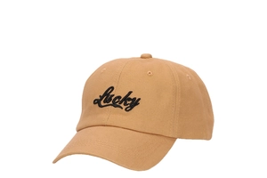 Close-up of black Lucky letter embroidery on a khaki outdoor sports baseball cap