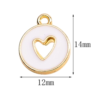 White enamel 12mm round charm with hollow heart gold frame for DIY jewelry making