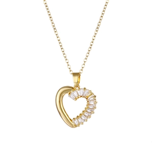 Minimalist 18K gold heart pendant necklace with rectangle cut zircons on white background