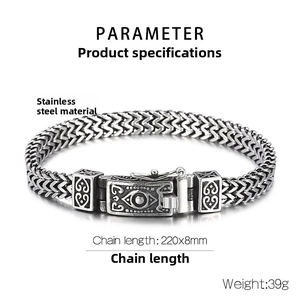 Macro detail of men's stainless steel bracelet with skull clasp and size specifications