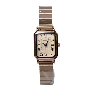 Elegant gold square watch with textured beige dial and roman numerals on metal band