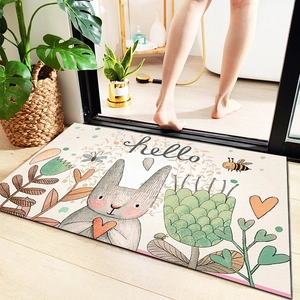 Absorbent non-slip bathroom mat with cute cartoon bunny pattern and hello text design