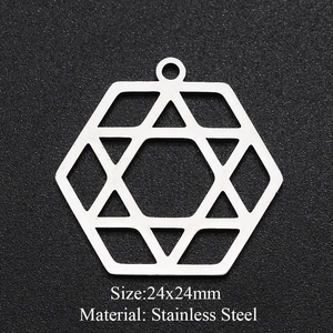 Macro shot of 24x24mm stainless steel hexagram and moon charm with product dimensions