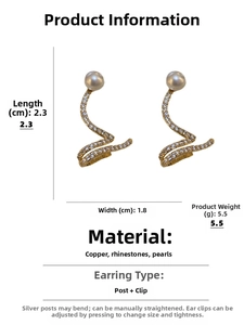 Detailed view of snake-shaped earrings with rhinestones, pearls, and size dimensions