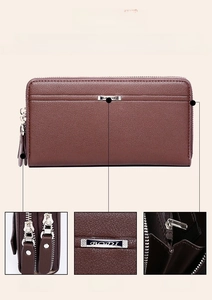 Detail view of large capacity men's long wallet with double zippers and litchi grain texture